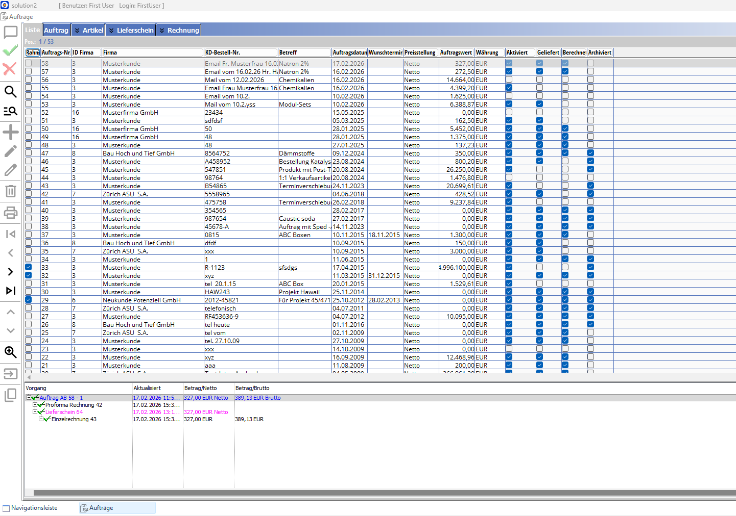 solution2 ERP Auftragsübersicht mit Vorgangsverwaltung